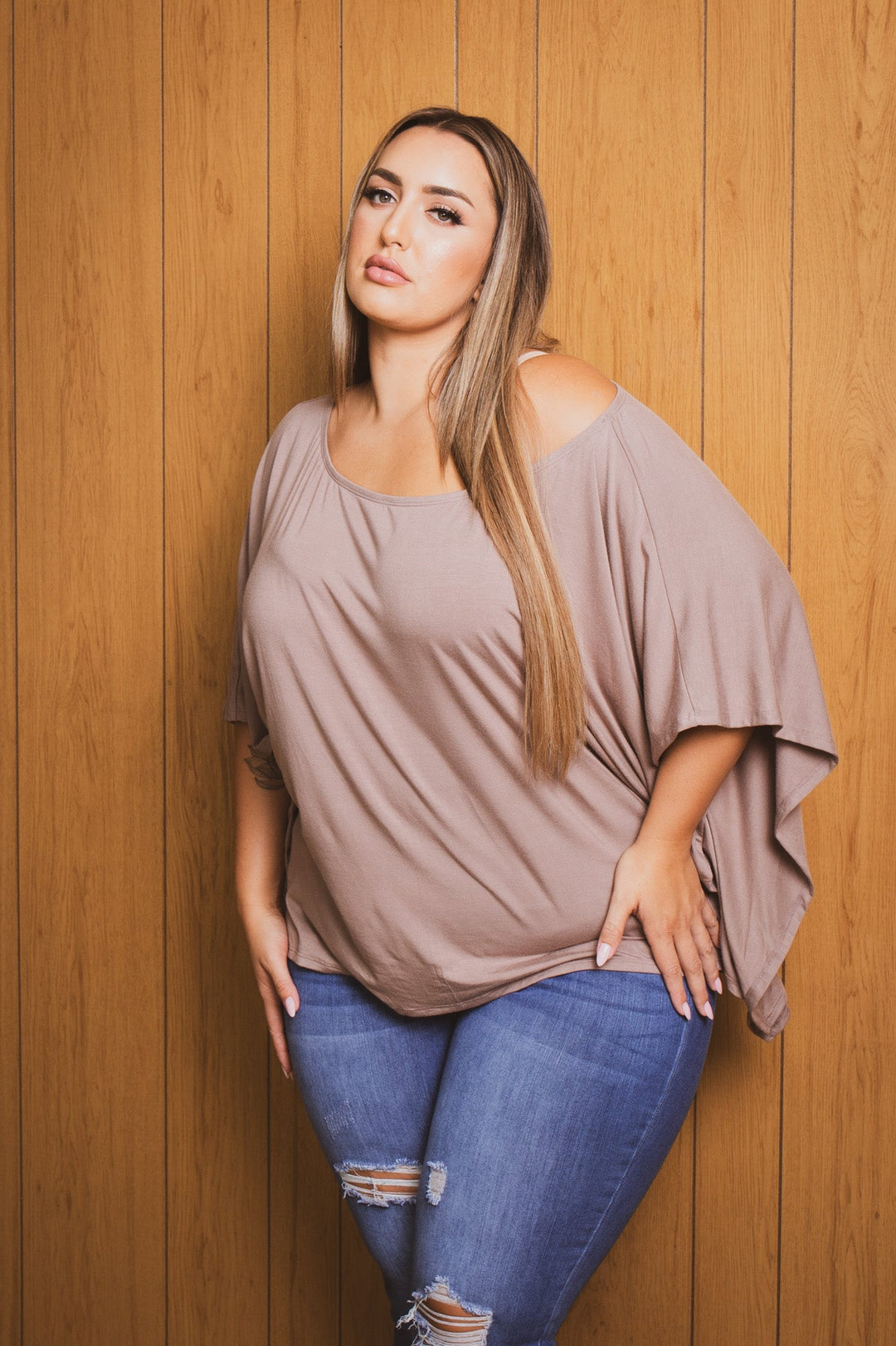 Curvy Sense Tops Plus Size Tori Off The Shoulder Top - Mocha