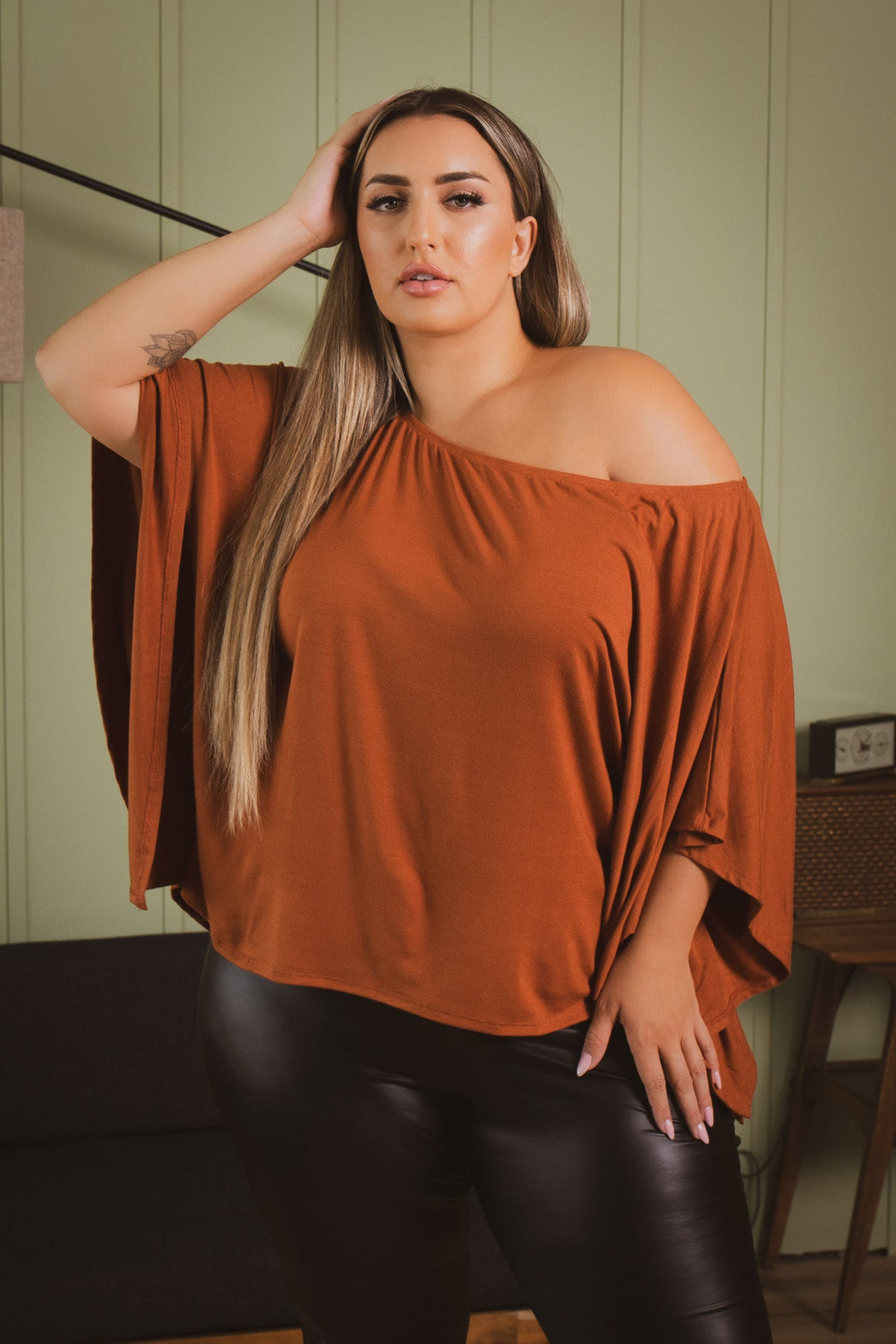 Curvy Sense Tops Plus Size Tori Off The Shoulder Top - Rust