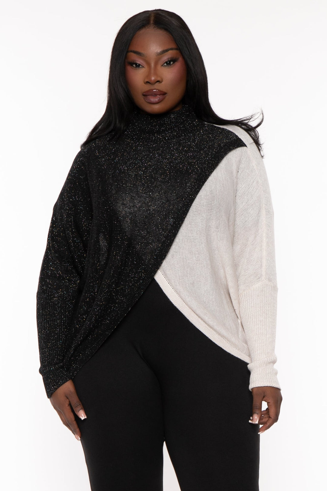 143 Tops 1X / Black/Ivory Plus Size Two Tone Mock Neck Sweater Top - Black/Ivory