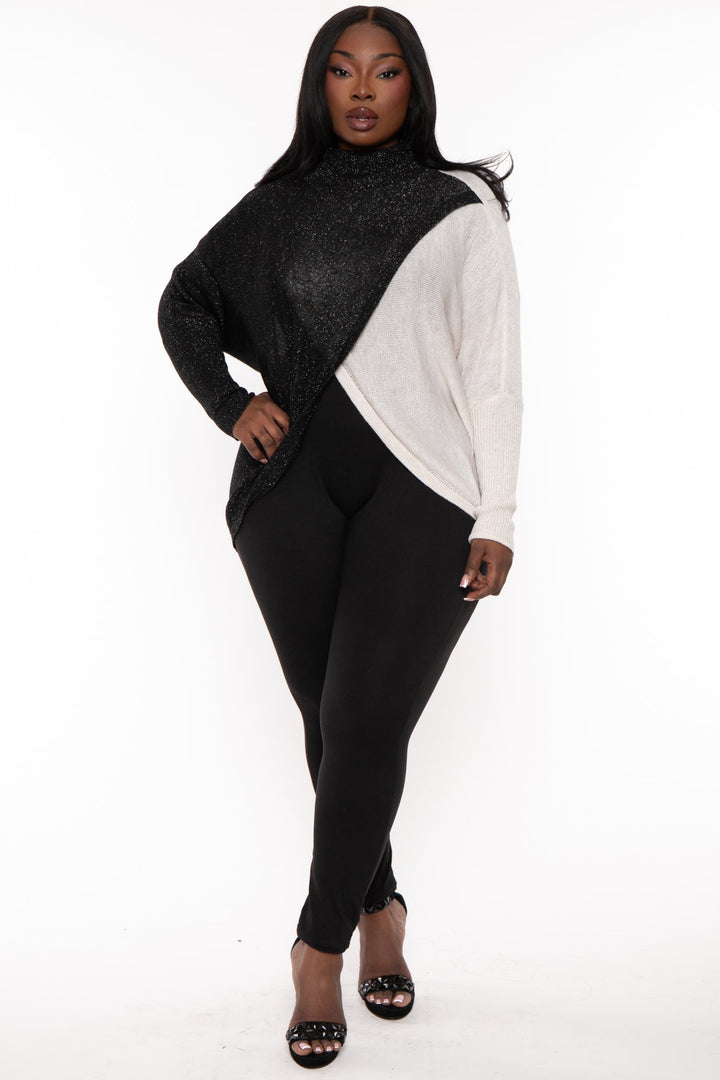 143 Tops Plus Size Two Tone Mock Neck Sweater Top - Black/Ivory