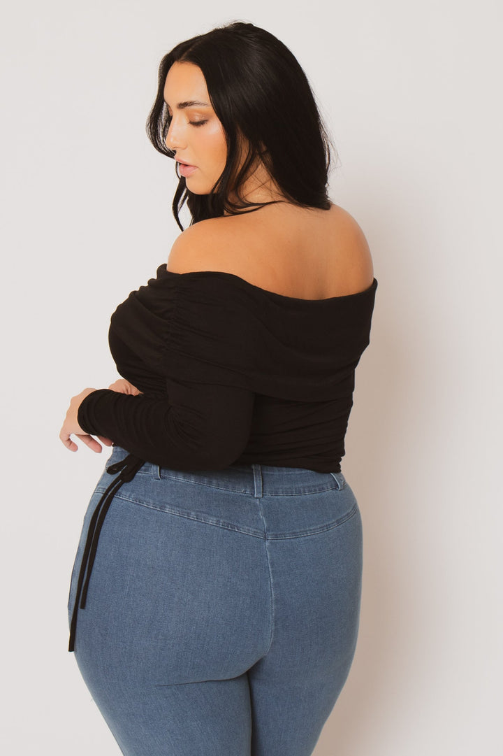 Blue Leopard Tops Plus Size Valentina Ruched Top  - Black