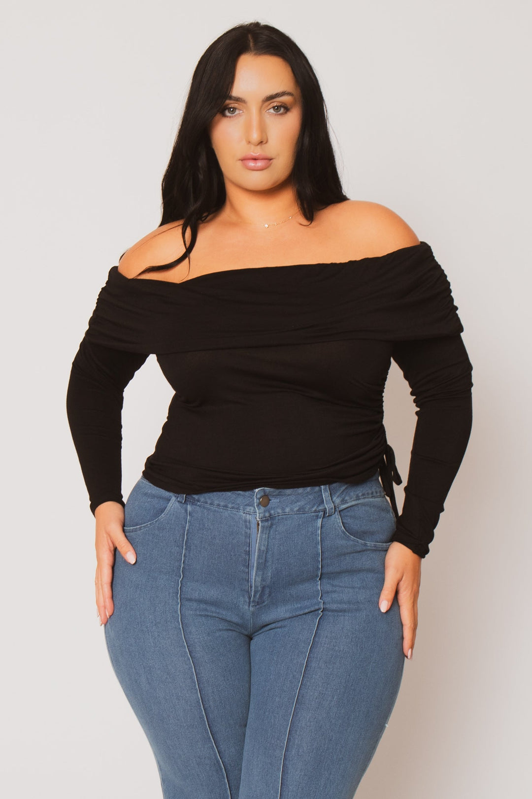 Blue Leopard Tops Plus Size Valentina Ruched Top  - Black
