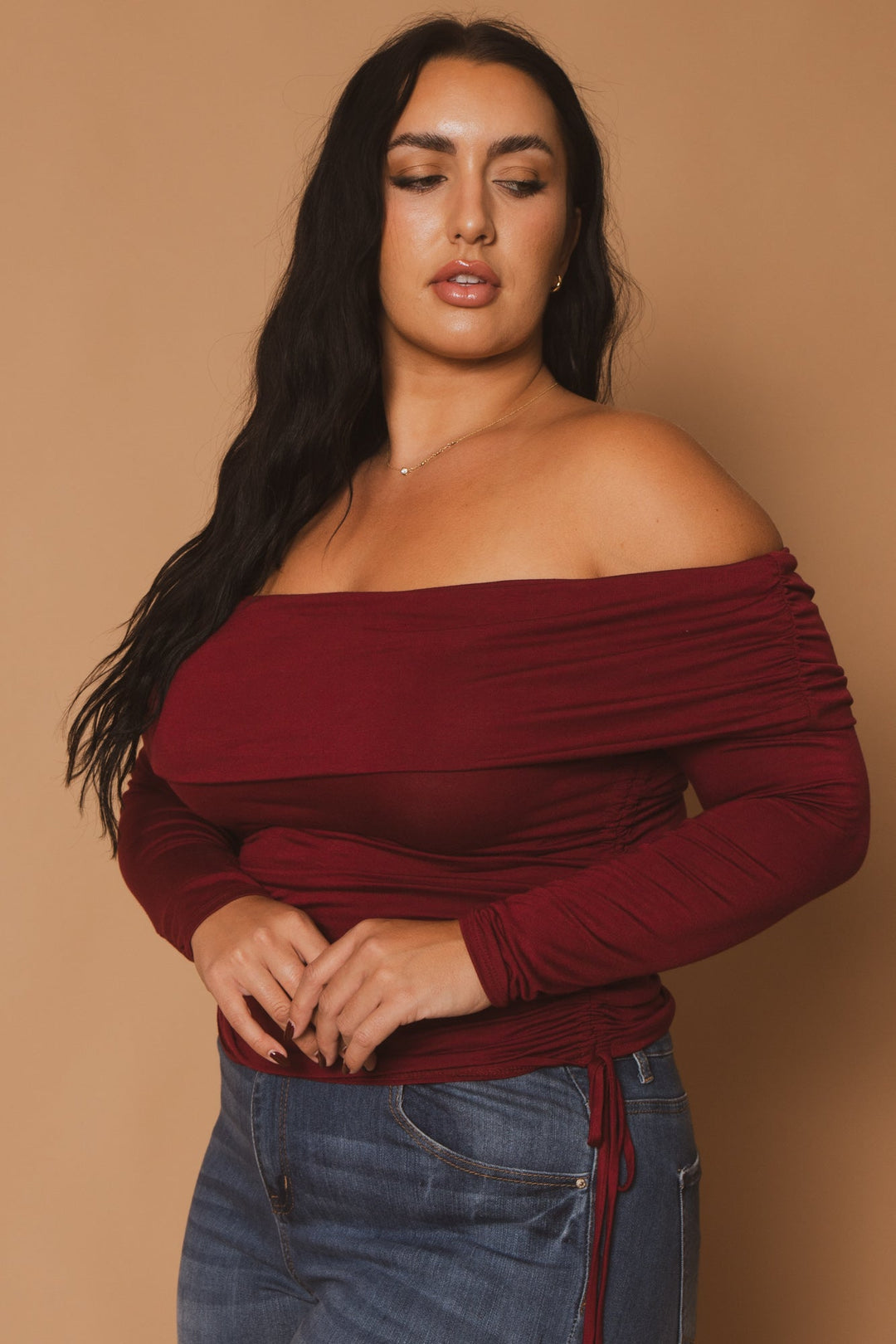 Blue Leopard Tops Plus Size Valentina Ruched Top  - Burgundy