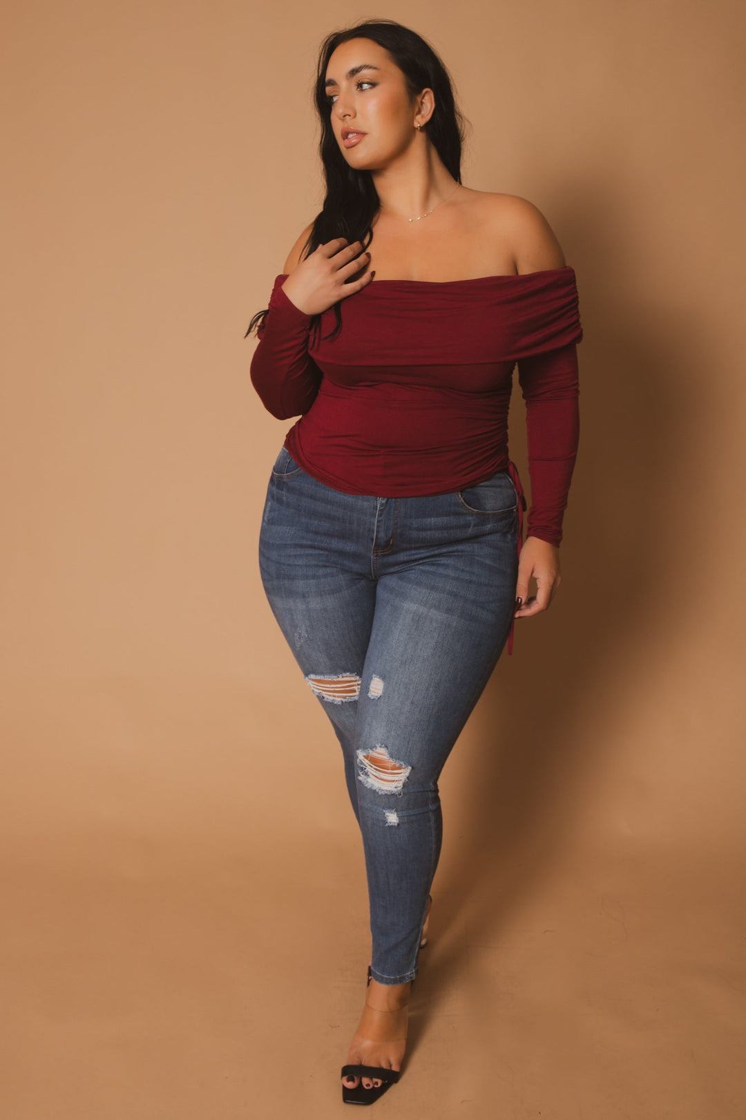Blue Leopard Tops Plus Size Valentina Ruched Top  - Burgundy