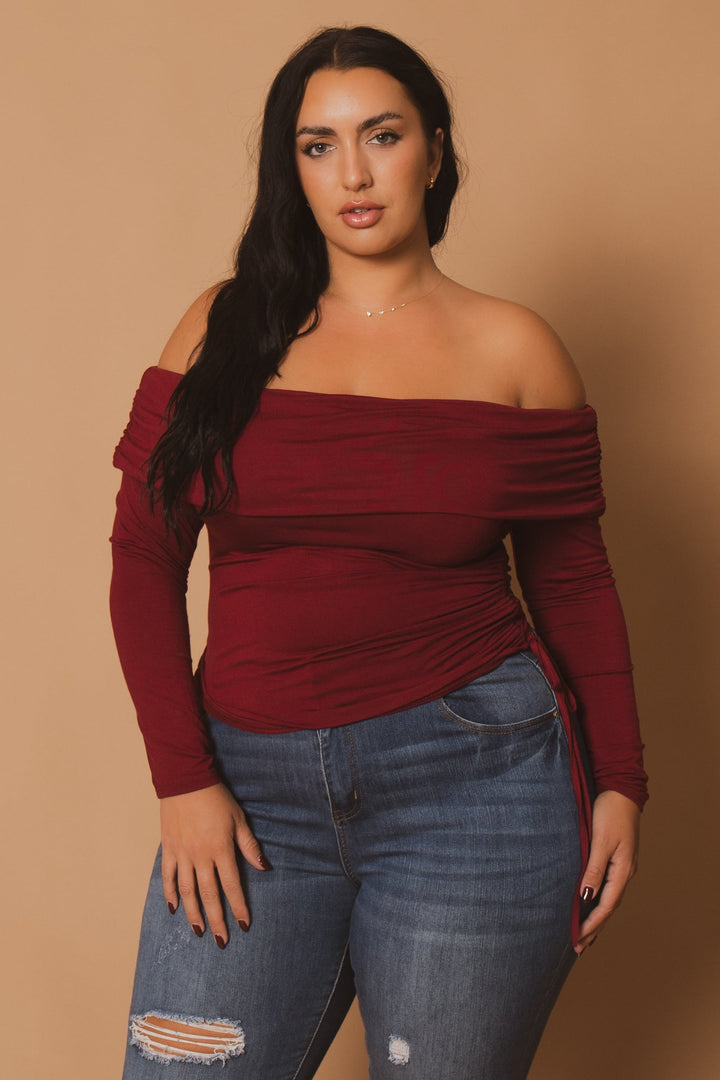 Blue Leopard Tops Plus Size Valentina Ruched Top  - Burgundy