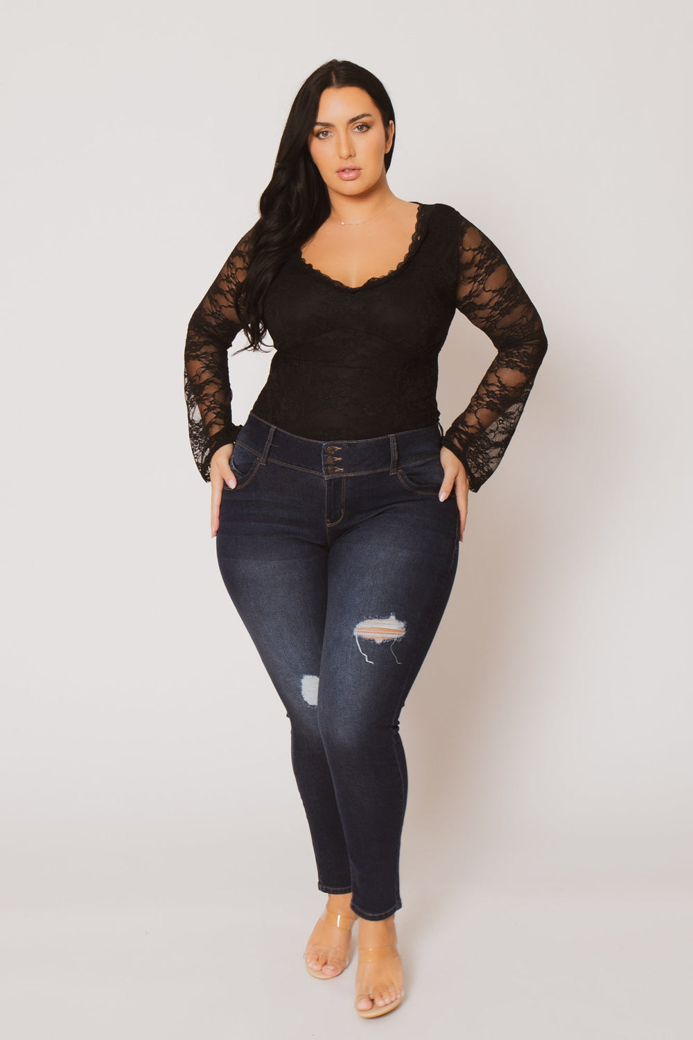 Blue Leopard Tops Plus Size Vivienne Lace Top  - Black