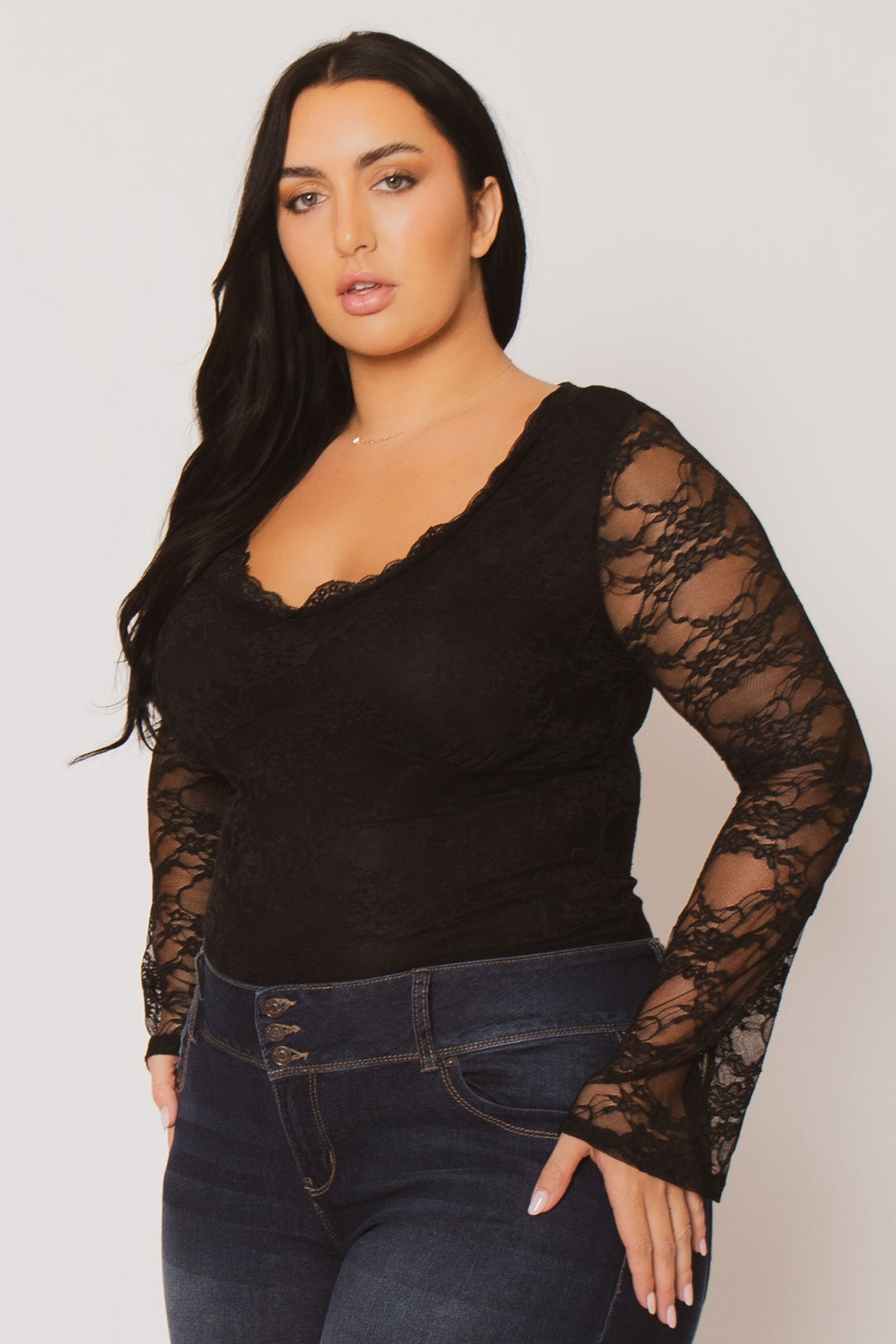 Blue Leopard Tops Plus Size Vivienne Lace Top  - Black