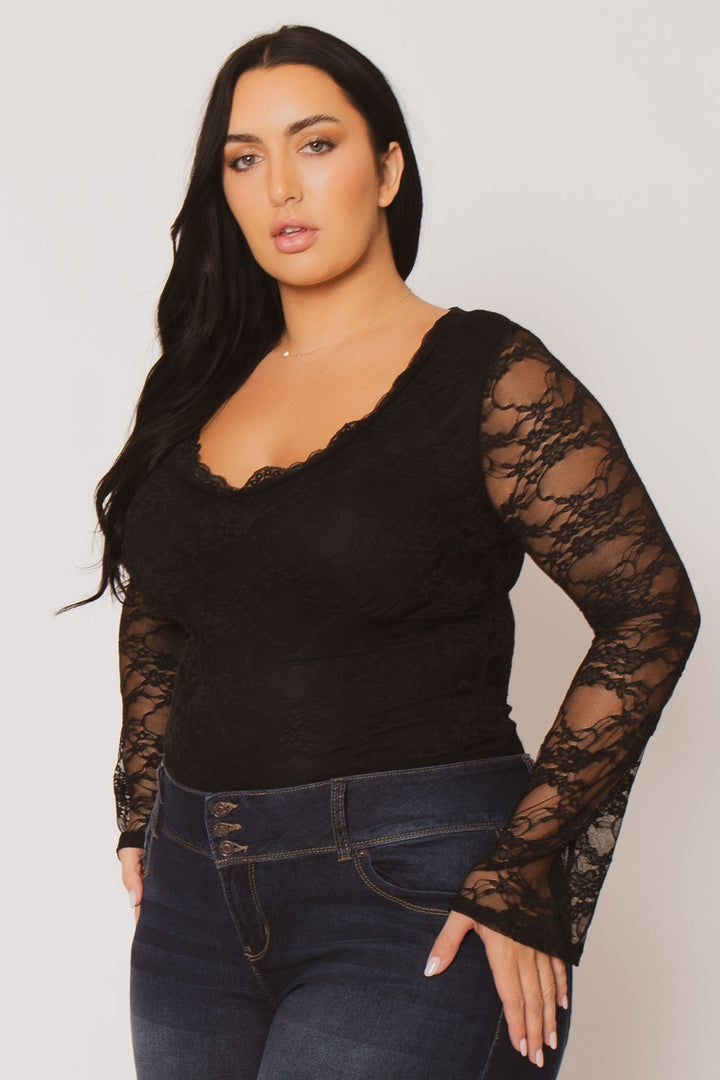 Blue Leopard Tops Plus Size Vivienne Lace Top  - Black