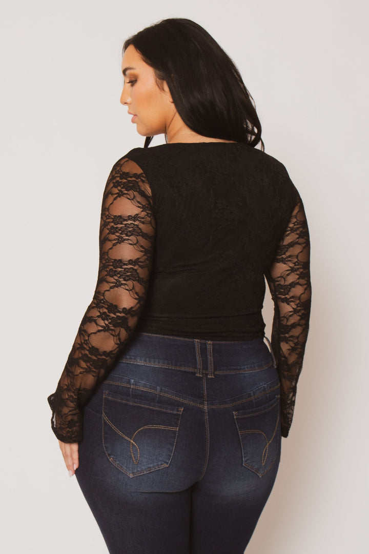 Blue Leopard Tops Plus Size Vivienne Lace Top  - Black