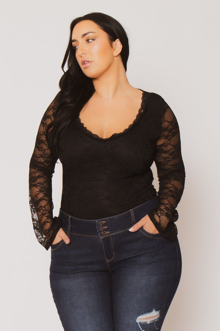 Blue Leopard Tops Plus Size Vivienne Lace Top  - Black