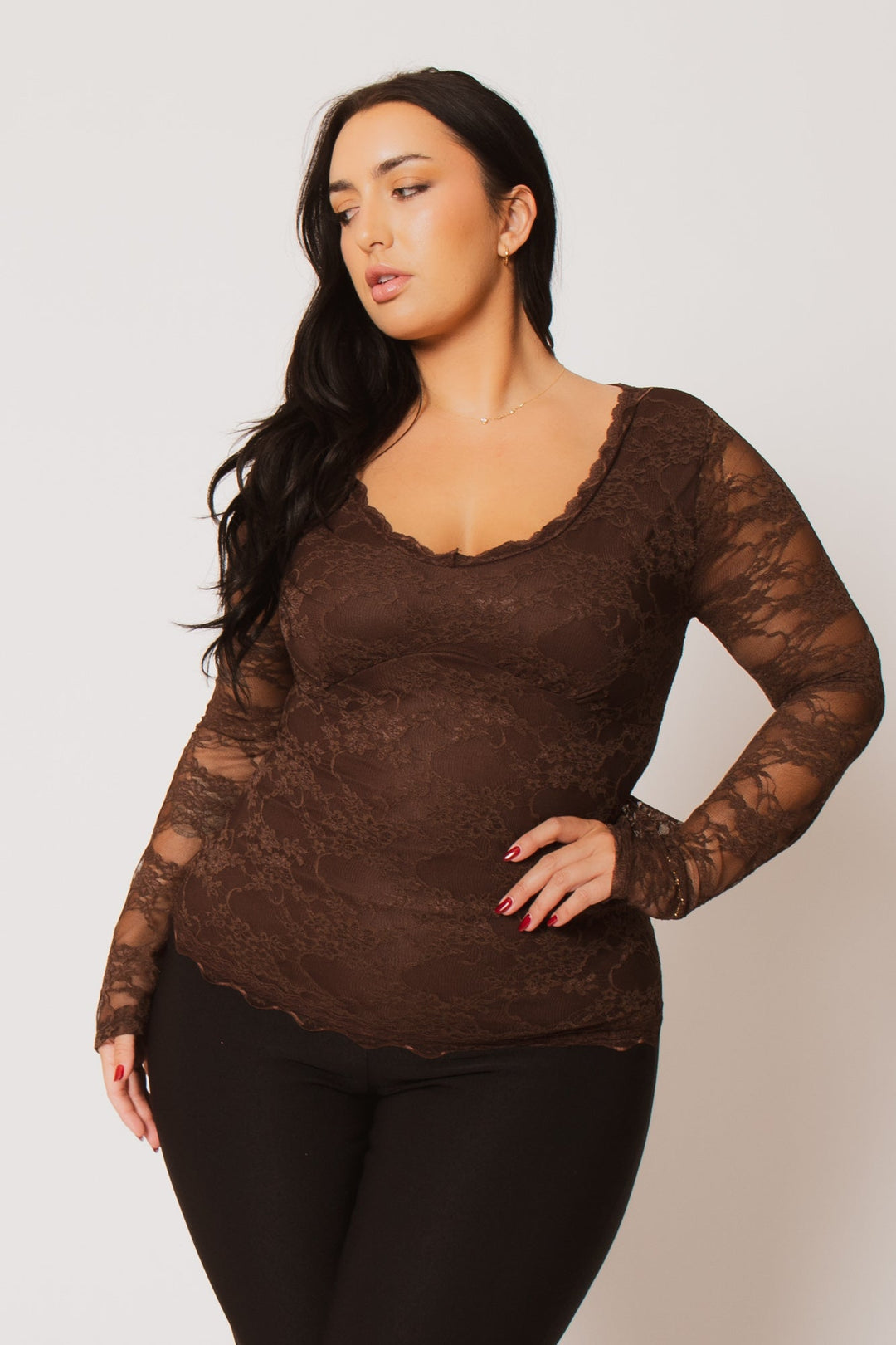 Blue Leopard Tops Plus Size Vivienne Lace Top  - Brown