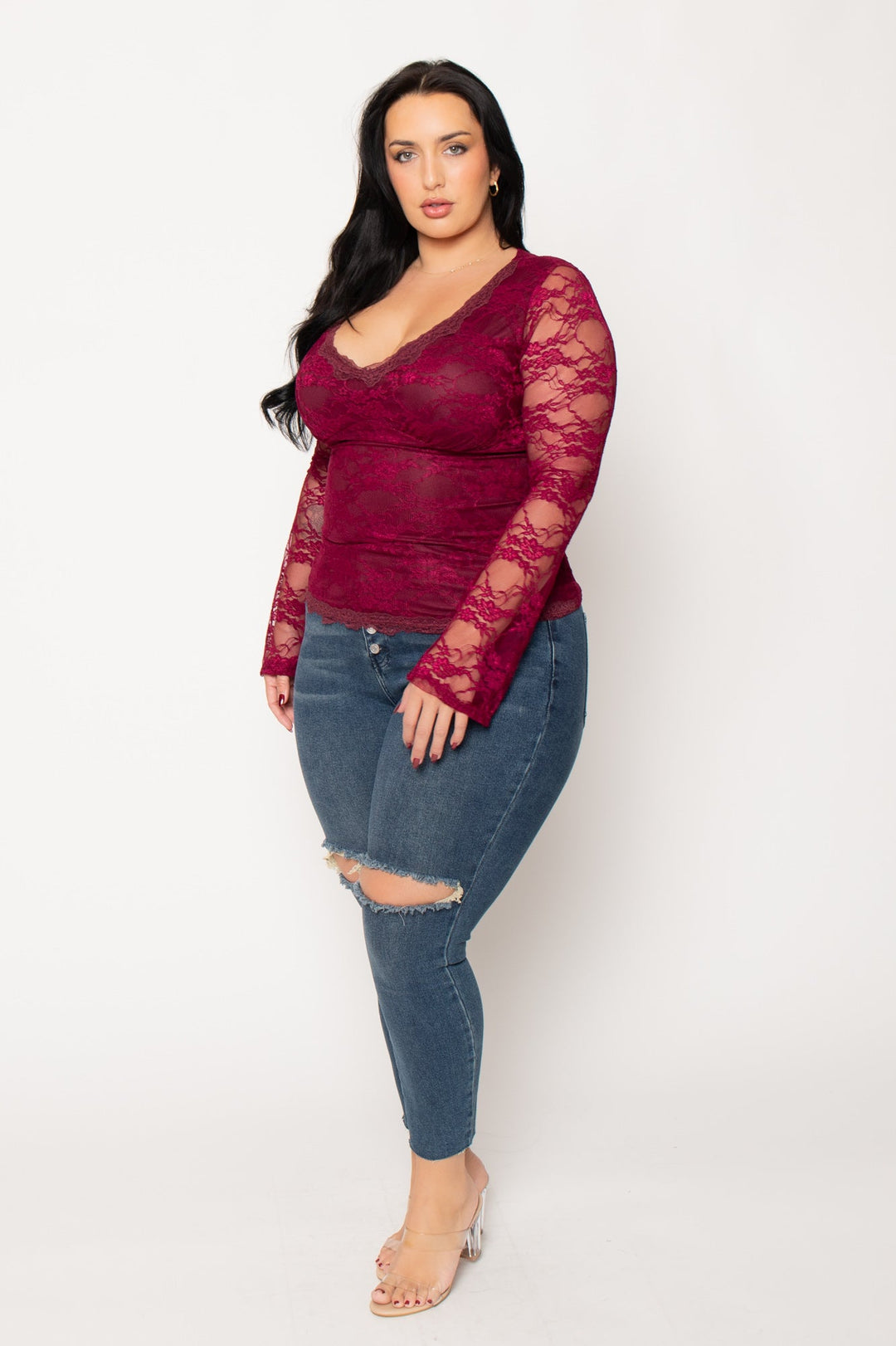 Blue Leopard Tops Plus Size Vivienne Lace Top  - Burgundy