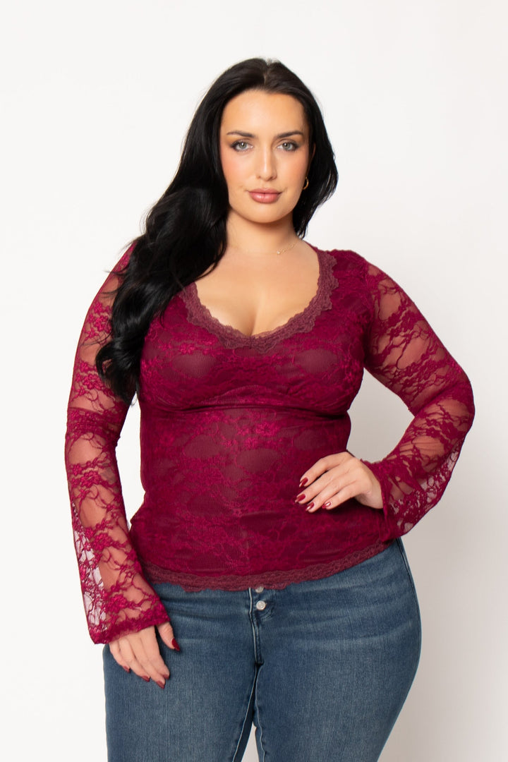 Blue Leopard Tops Plus Size Vivienne Lace Top  - Burgundy