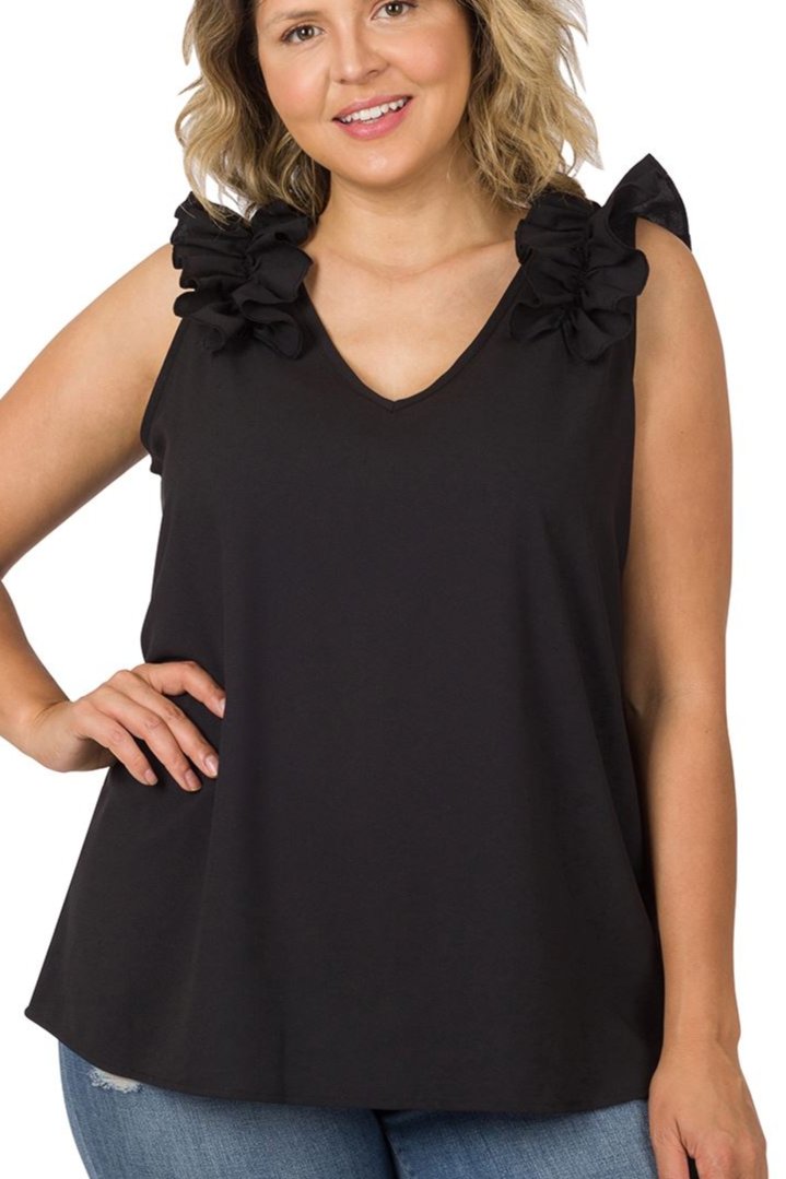 Zenana Tops Plus Size Woven Wool Dobby Ruffle Trim Sleeveless Top - Black