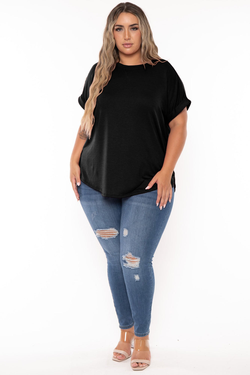 Curvy Sense Tops Plus Size Zenna Rolled Sleeve  Top - Black