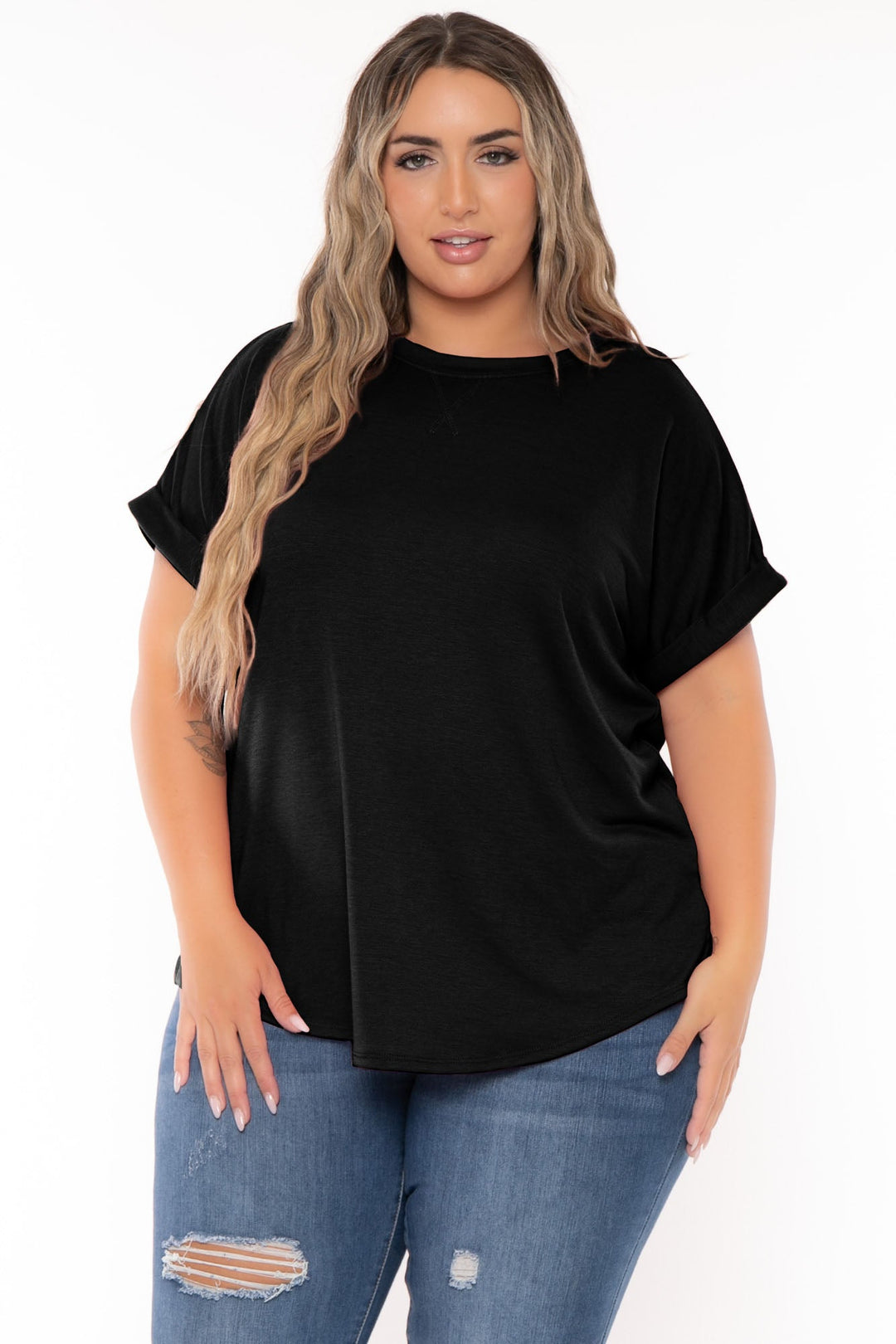 Curvy Sense Tops Plus Size Zenna Rolled Sleeve  Top - Black