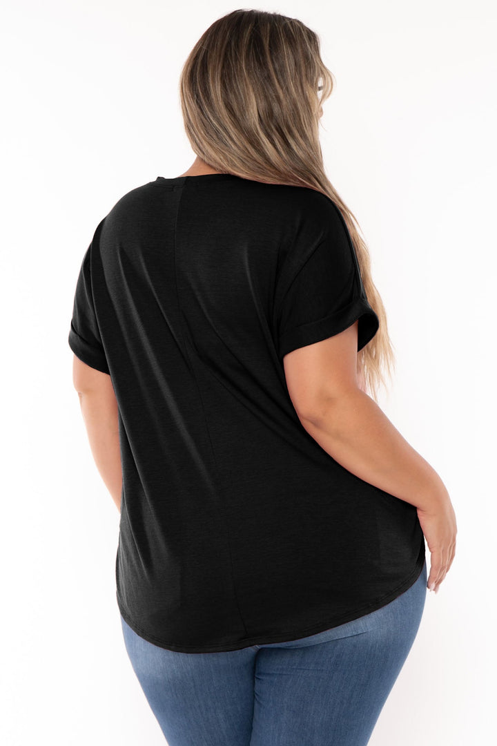 Curvy Sense Tops Plus Size Zenna Rolled Sleeve  Top - Black