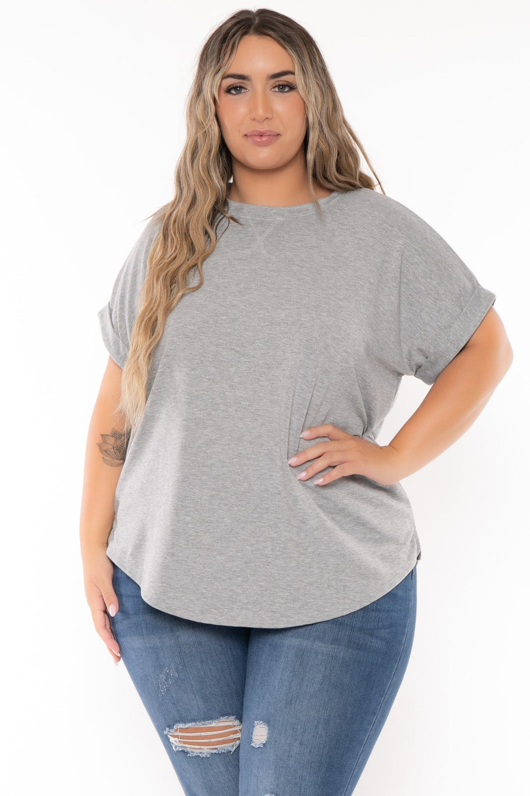 Curvy Sense Tops Plus Size Zenna Rolled Sleeve  Top -Grey