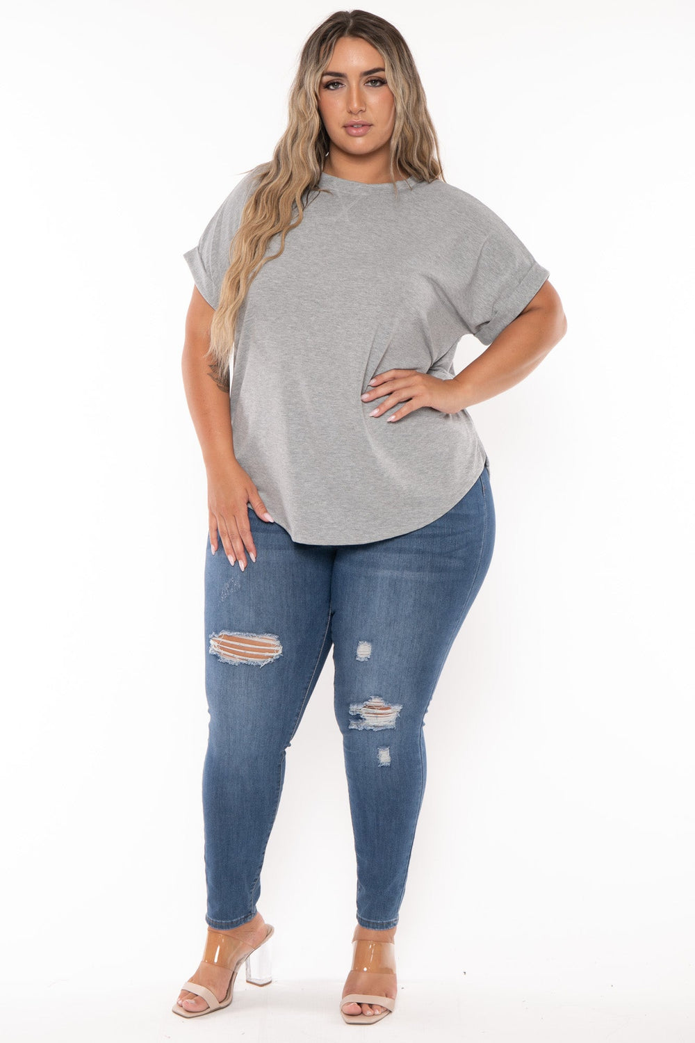 Curvy Sense Tops Plus Size Zenna Rolled Sleeve  Top -Grey