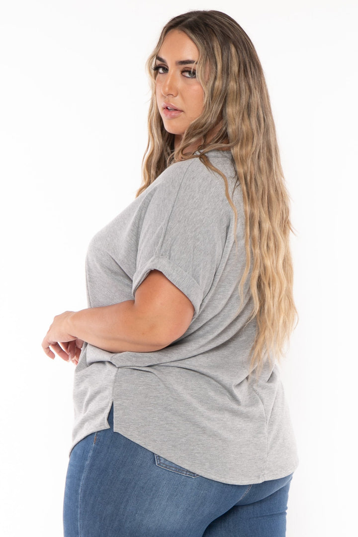 Curvy Sense Tops Plus Size Zenna Rolled Sleeve  Top -Grey