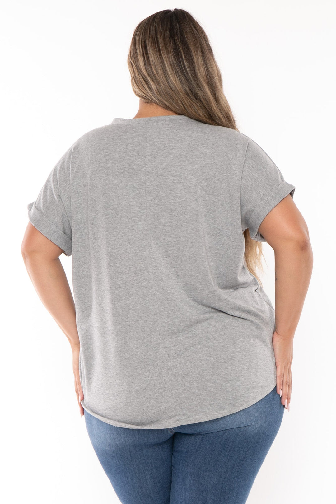 Curvy Sense Tops Plus Size Zenna Rolled Sleeve  Top -Grey