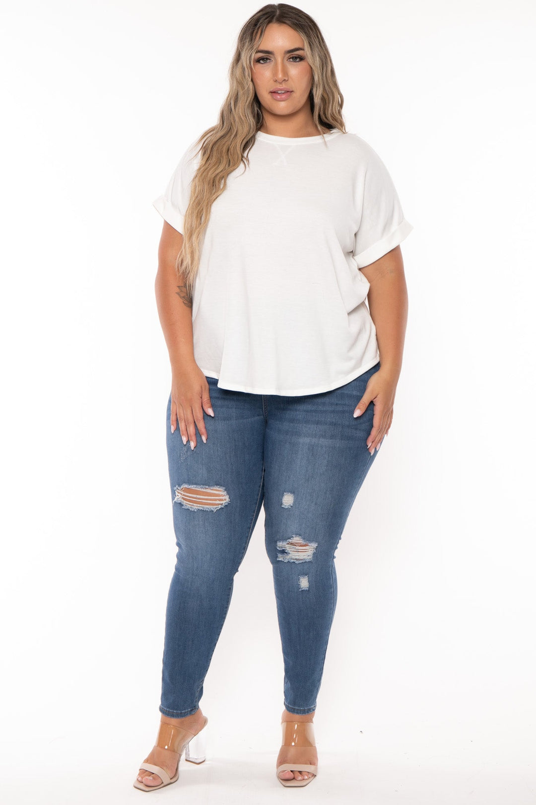 Curvy Sense Tops Plus Size Zenna Rolled Sleeve  Top - Ivory