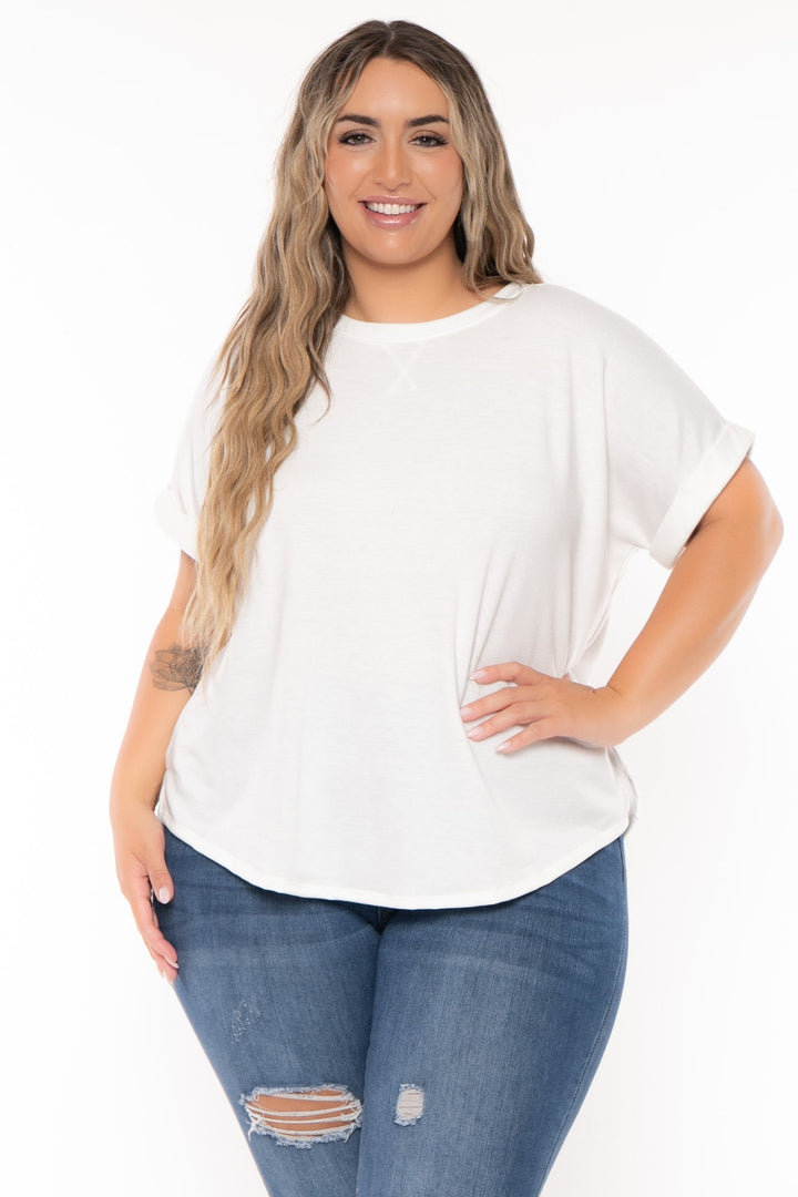 Curvy Sense Tops Plus Size Zenna Rolled Sleeve  Top - Ivory