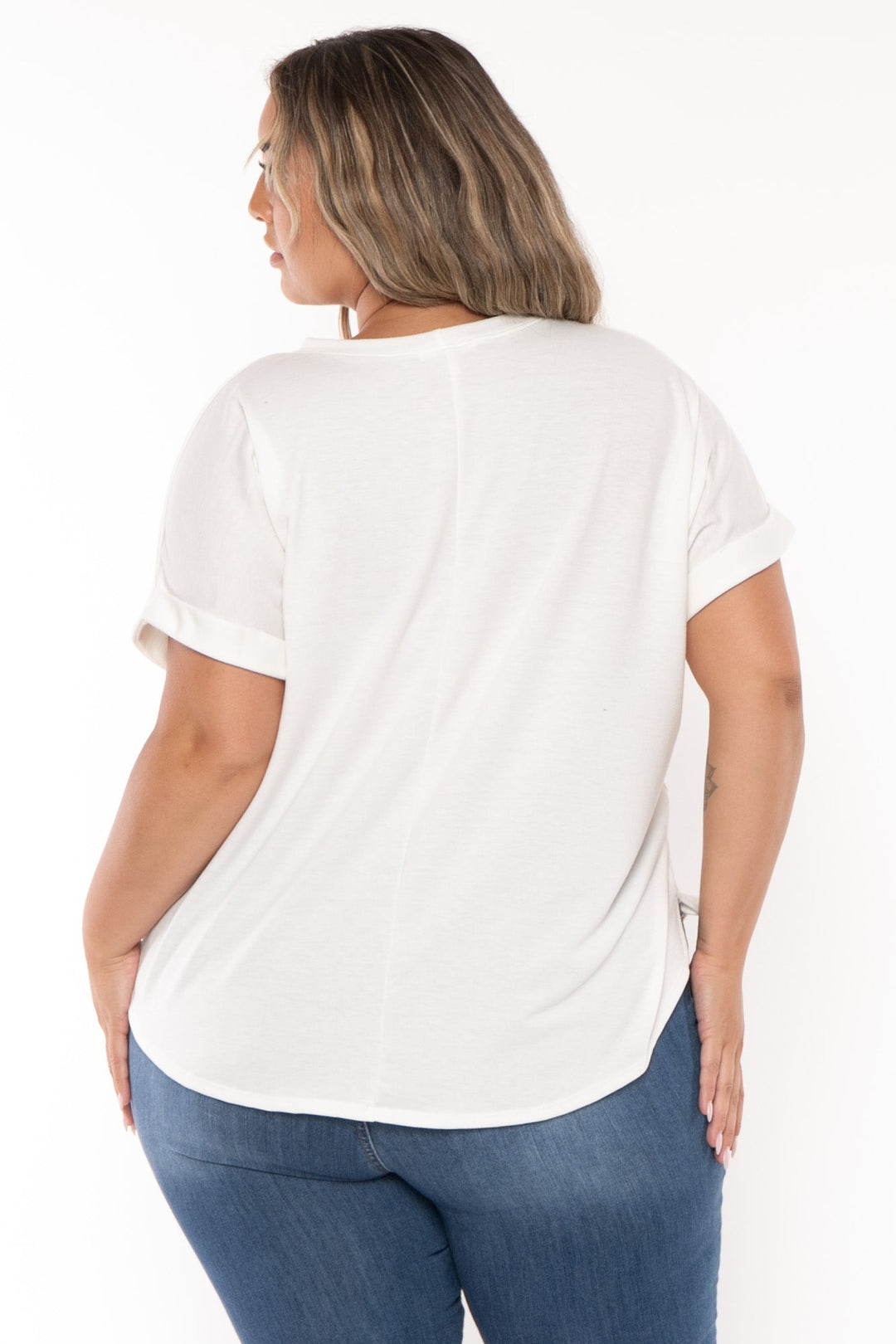 Curvy Sense Tops Plus Size Zenna Rolled Sleeve  Top - Ivory