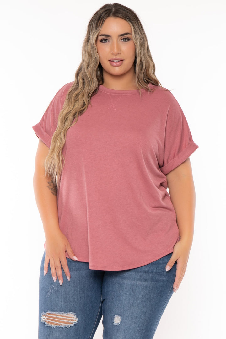 Curvy Sense Tops Plus Size Zenna Rolled Sleeve  Top - Mauve