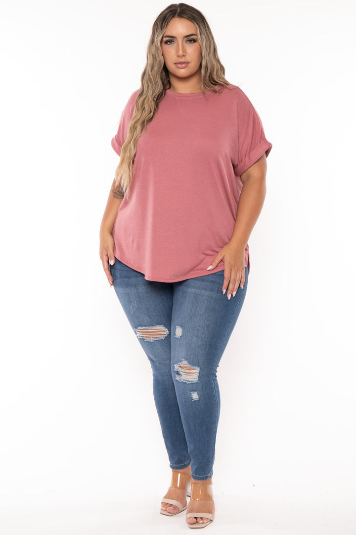 Curvy Sense Tops Plus Size Zenna Rolled Sleeve  Top - Mauve