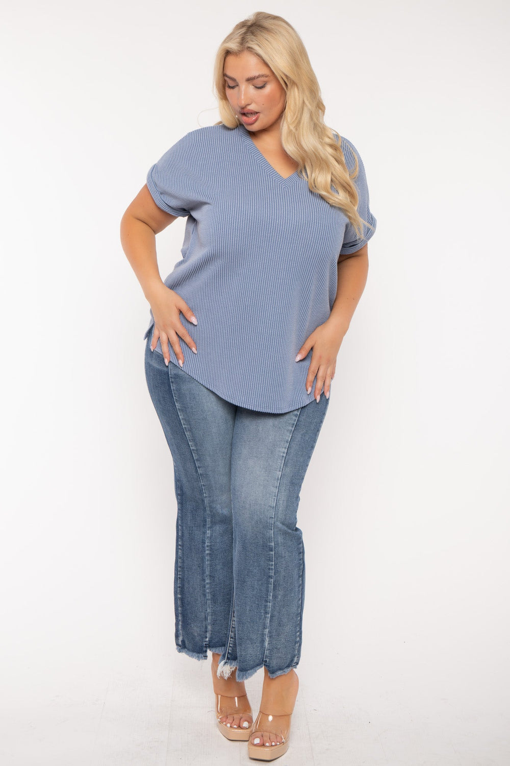 Curvy Sense Tops Plus Size Zennia  Ribbed  Top - Blue