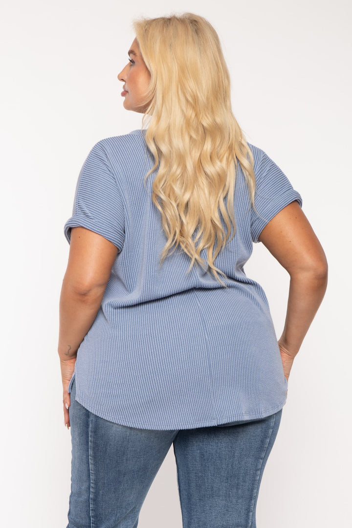 Curvy Sense Tops Plus Size Zennia  Ribbed  Top - Blue