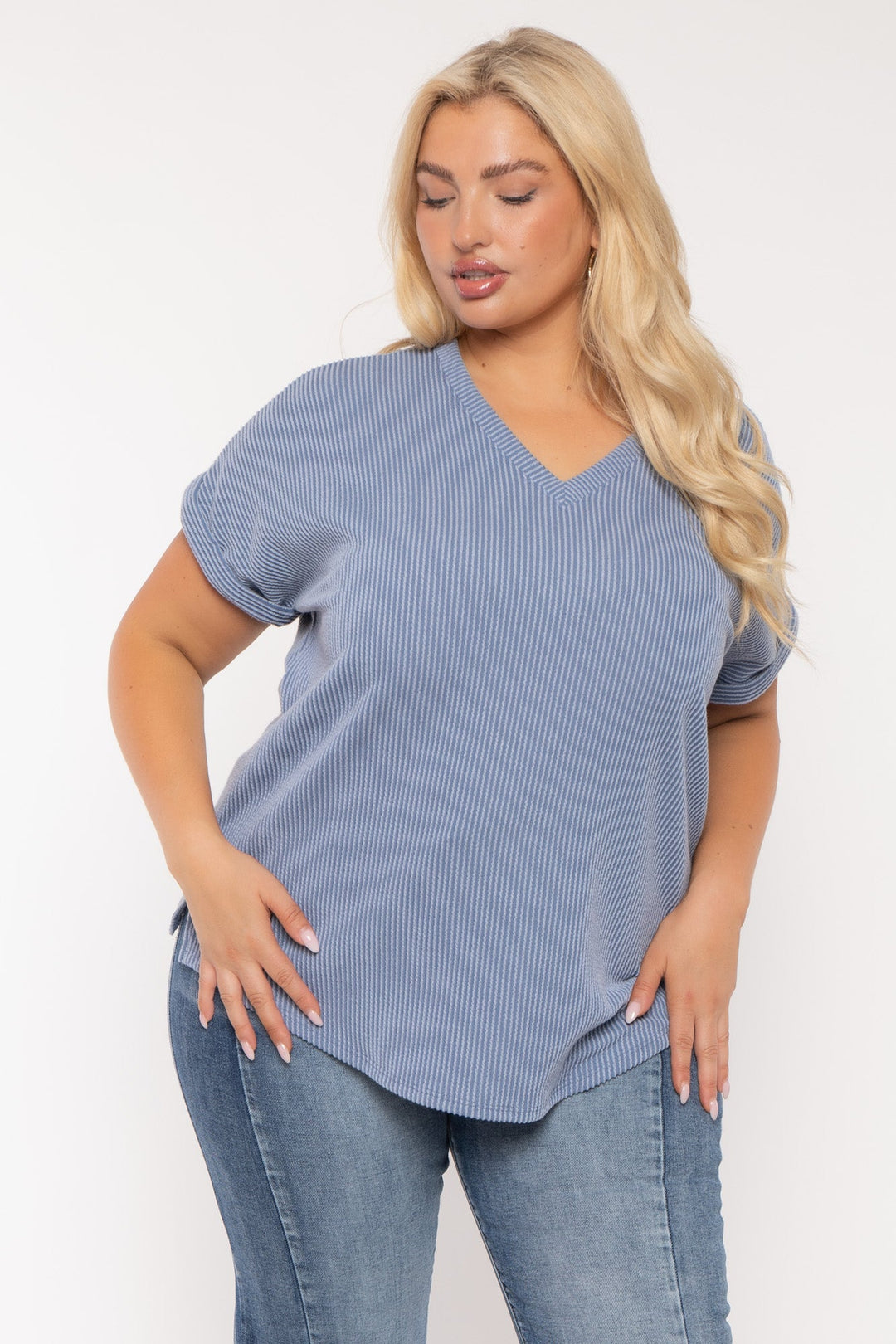 Curvy Sense Tops Plus Size Zennia  Ribbed  Top - Blue