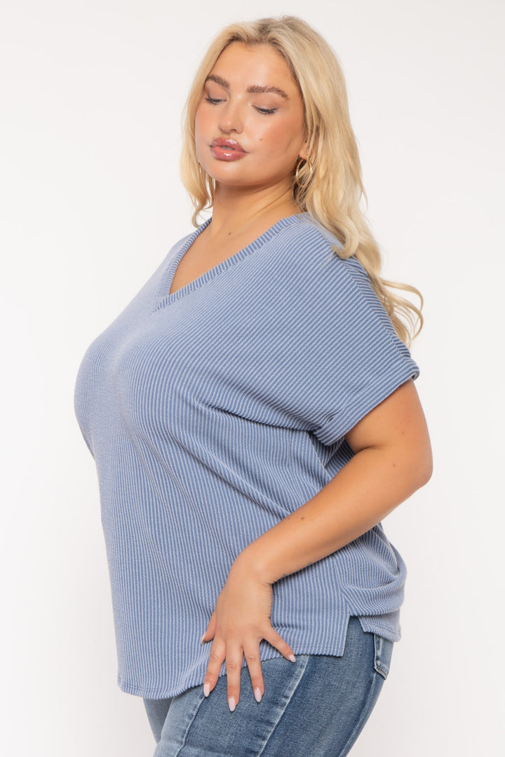 Curvy Sense Tops Plus Size Zennia  Ribbed  Top - Blue