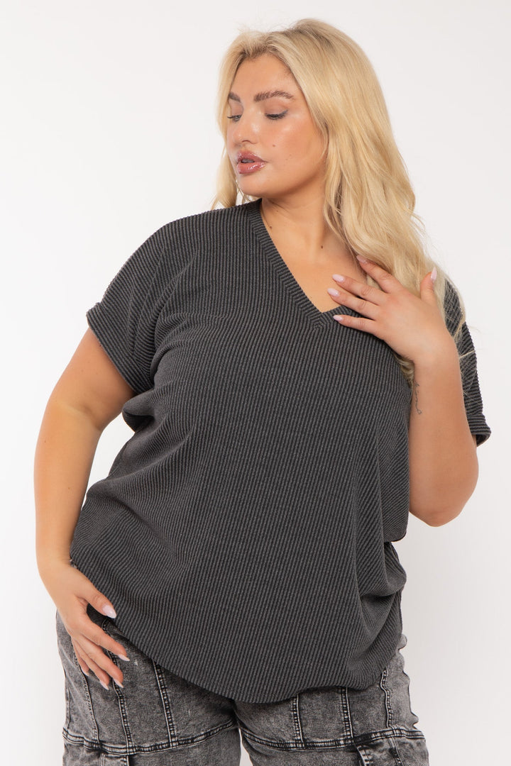 Curvy Sense Tops Plus Size Zennia  Ribbed  Top -Charcoal