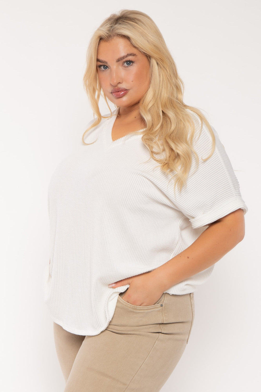 Curvy Sense Tops Plus Size Zennia  Ribbed  Top - Ivory