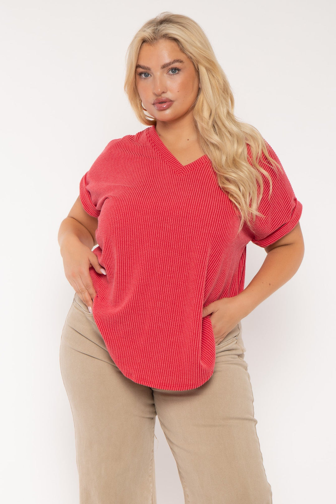 Curvy Sense Tops Plus Size Zennia  Ribbed  Top - Red