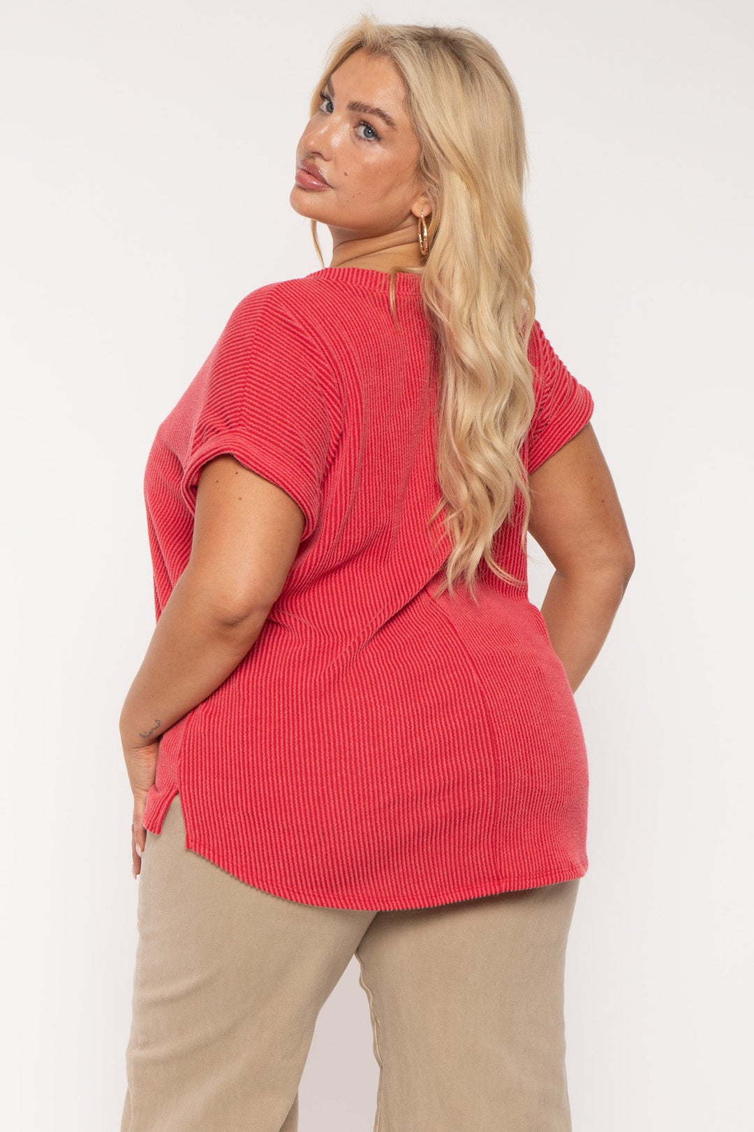 Curvy Sense Tops Plus Size Zennia  Ribbed  Top - Red