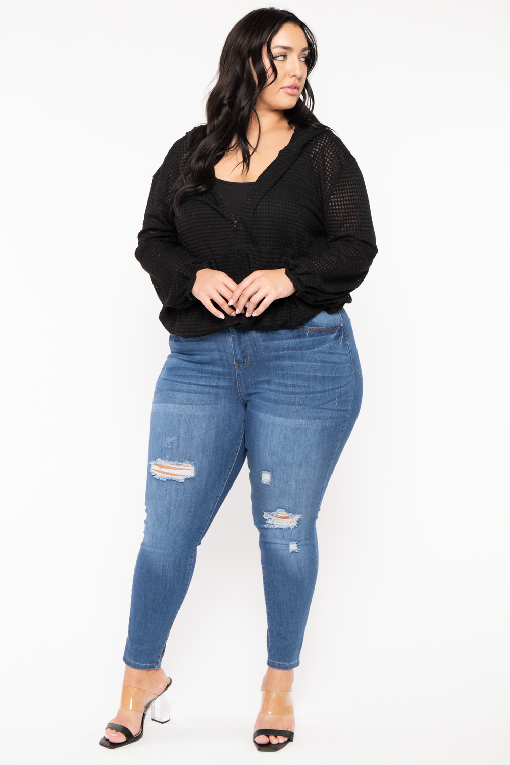 CULTURE CODE Tops Plus Size Zip Up  Waffle  Hoodie  Top - Black