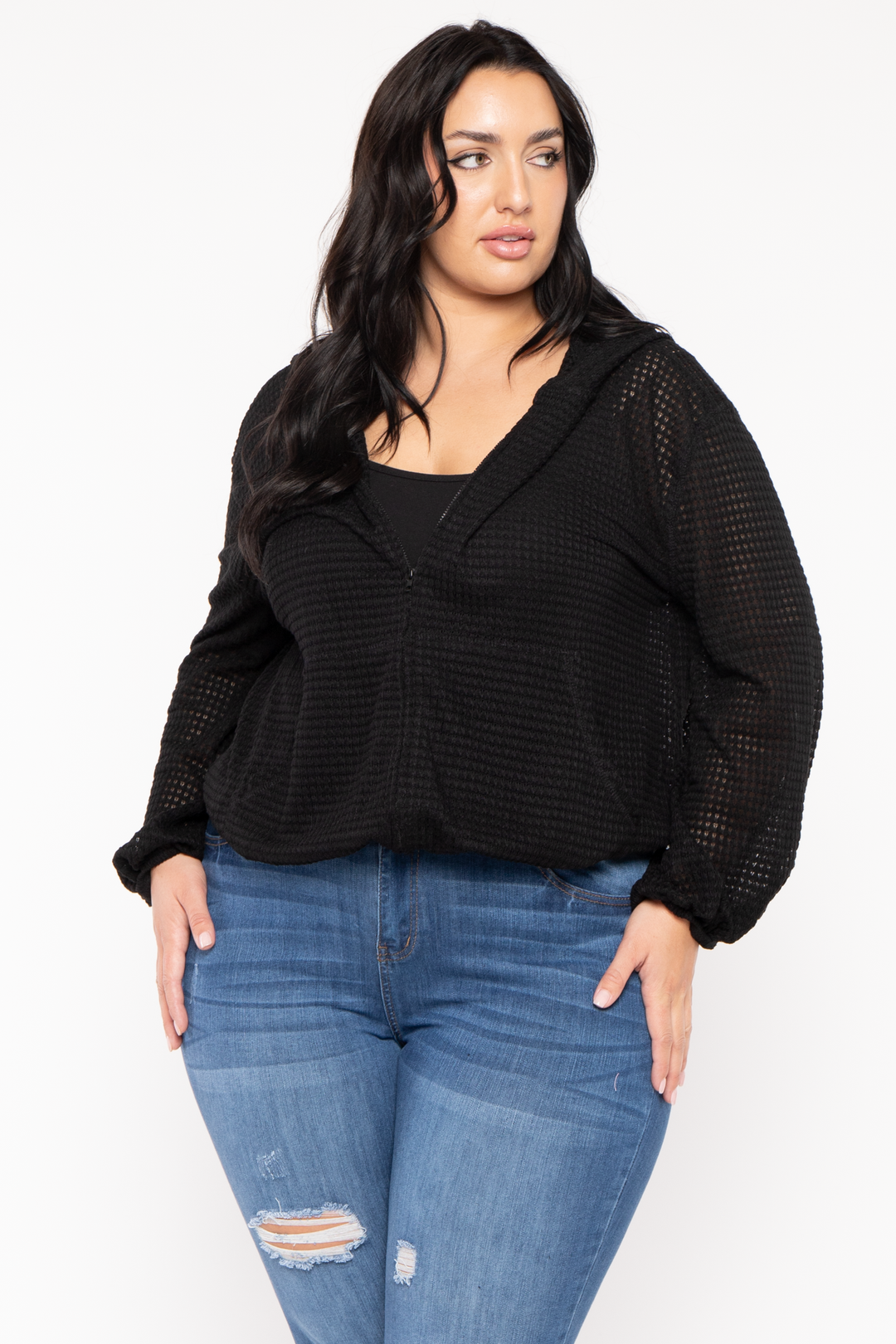 CULTURE CODE Tops Plus Size Zip Up  Waffle  Hoodie  Top - Black