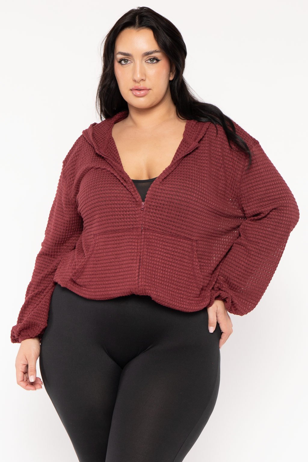 Women's Plus Size Zip Up Waffle Hoodie Top - Burgundy - Curvy Sense