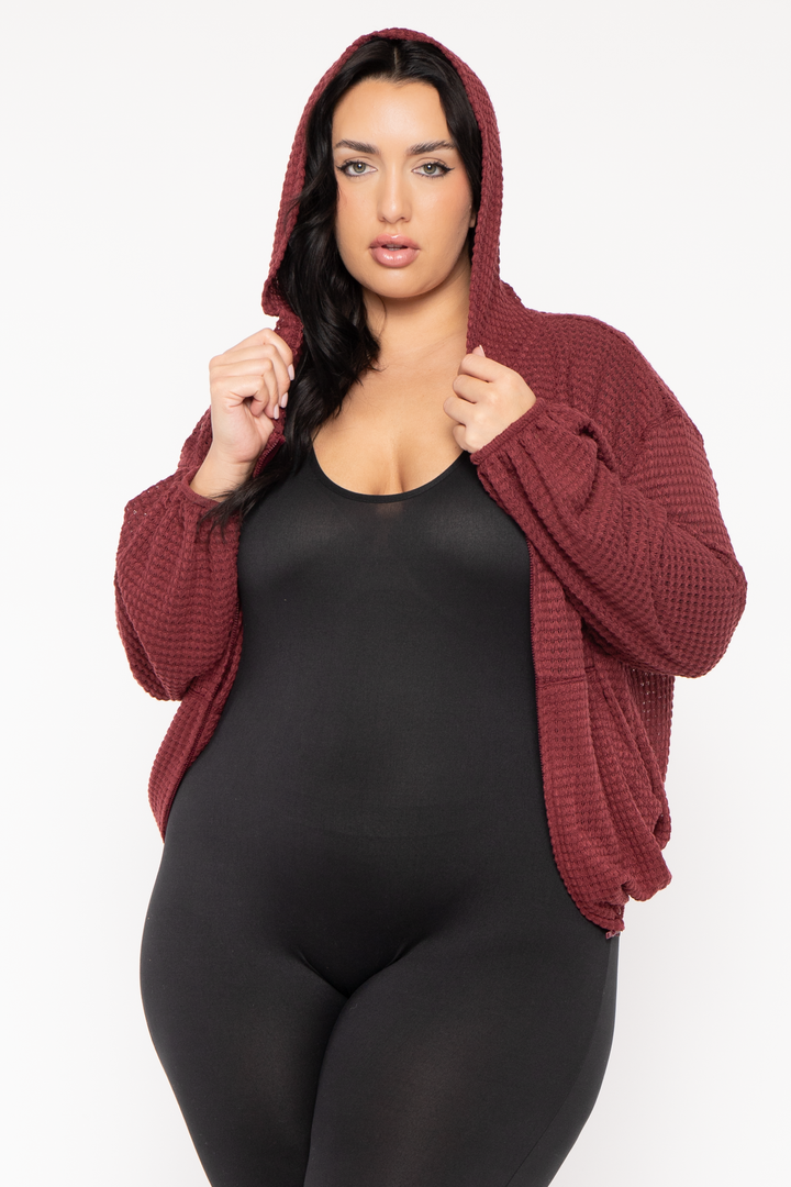 CULTURE CODE Tops Plus Size Zip Up  Waffle  Hoodie  Top - Burgundy