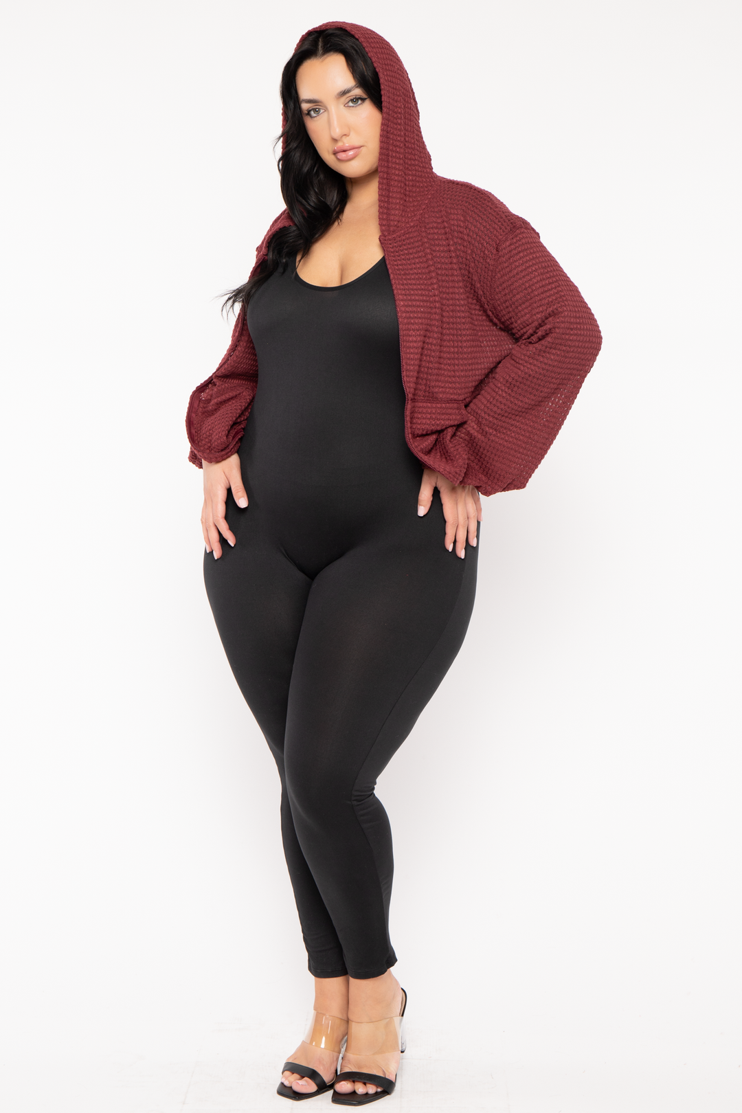 CULTURE CODE Tops Plus Size Zip Up  Waffle  Hoodie  Top - Burgundy