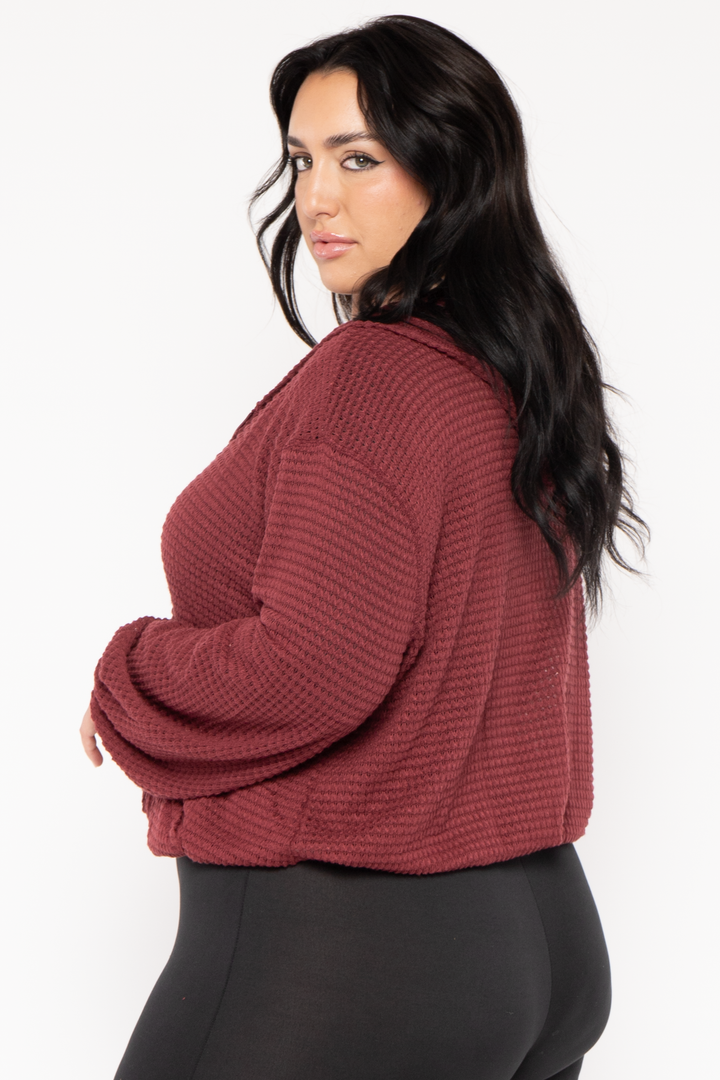 CULTURE CODE Tops Plus Size Zip Up  Waffle  Hoodie  Top - Burgundy