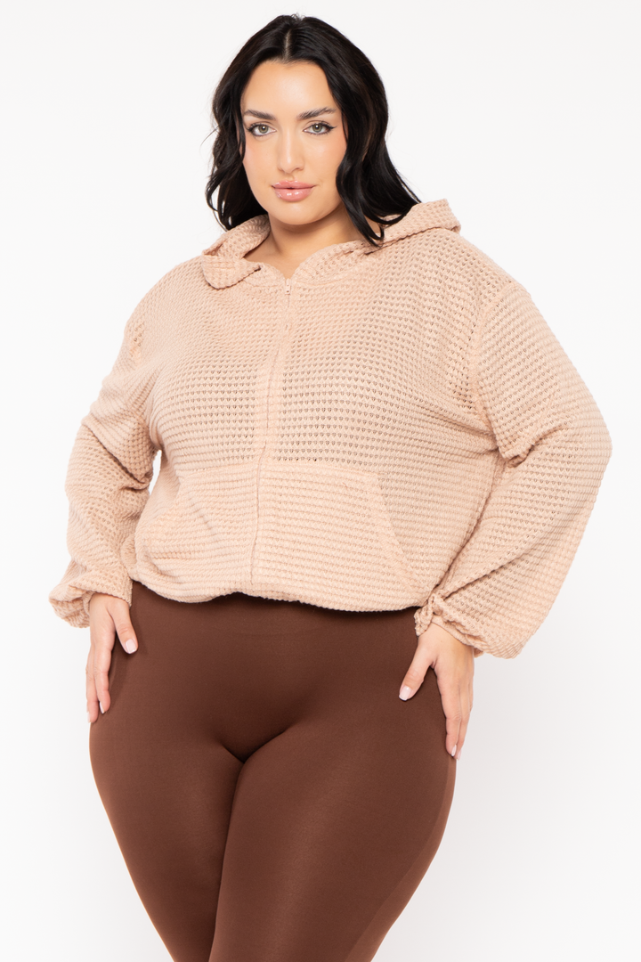 CULTURE CODE Tops Plus Size Zip Up  Waffle  Hoodie  Top - Taupe