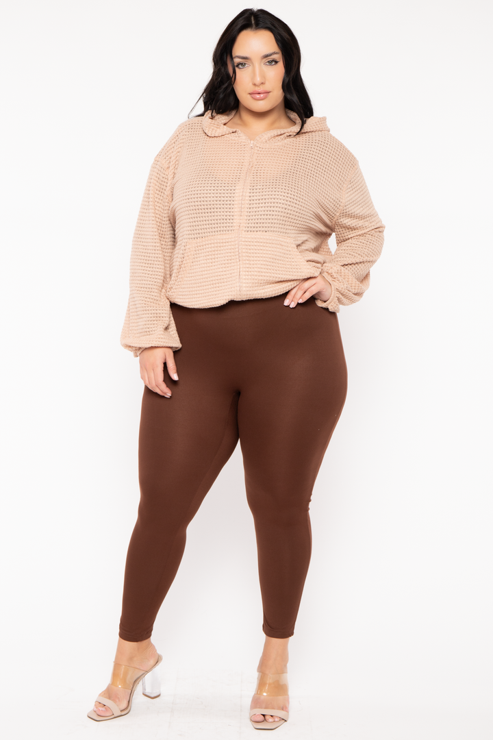 CULTURE CODE Tops Plus Size Zip Up  Waffle  Hoodie  Top - Taupe