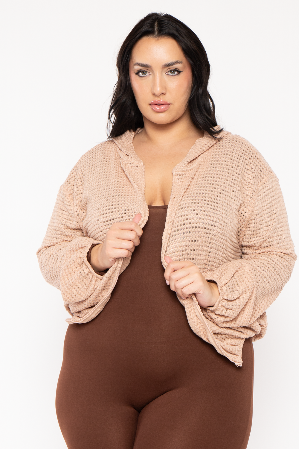 CULTURE CODE Tops Plus Size Zip Up  Waffle  Hoodie  Top - Taupe