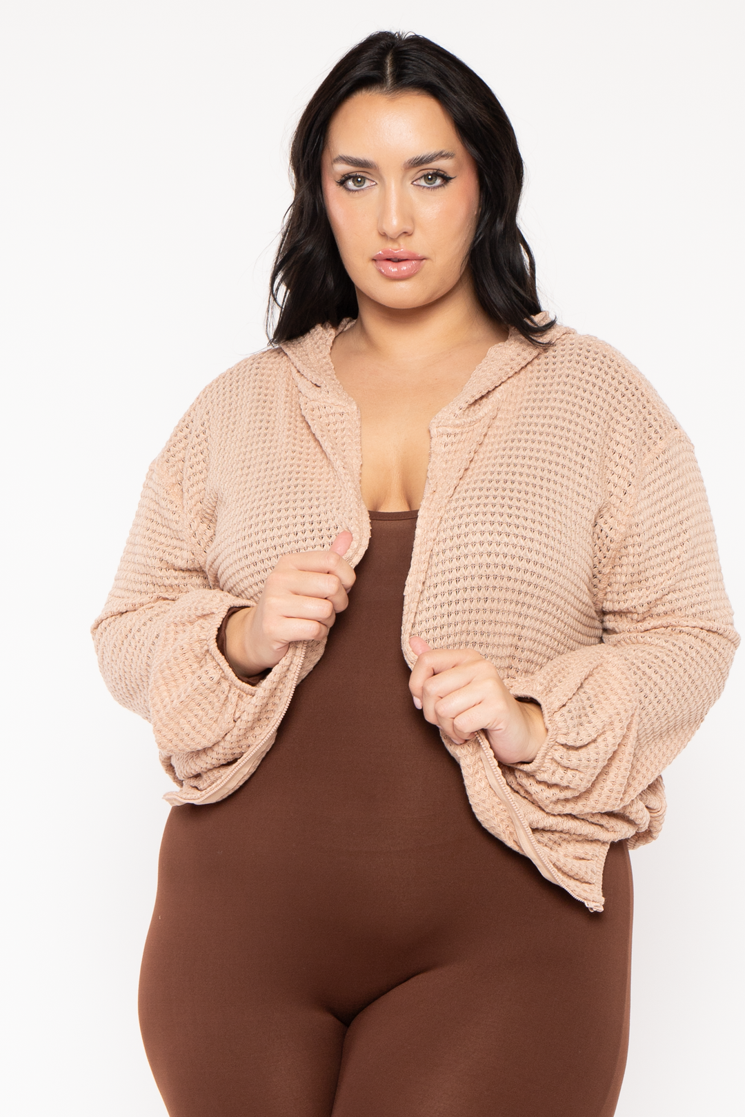 CULTURE CODE Tops Plus Size Zip Up  Waffle  Hoodie  Top - Taupe