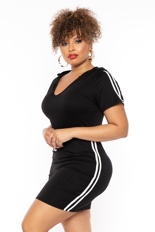 Curvy Sense Dresses Plus Size Sporty Varsity Stripe Hoodie Dress -  Black