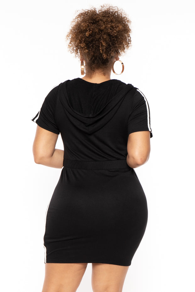 Plus Size Sporty Varsity Stripe Hoodie Dress -  Black